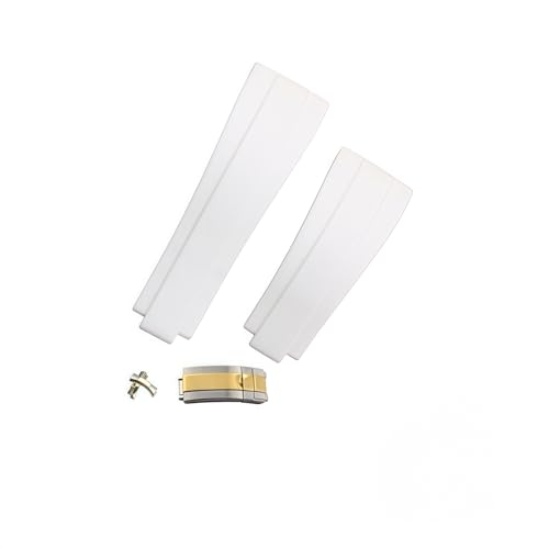 ROUREOX 20mm Silikon Armband Gummi Uhrband Geschwungenes Metall Link Armband für Rolex Daytona Submariner GMT Yacht Master-Weiß + Zweifarbiger Goldverschluss von ROUREOX