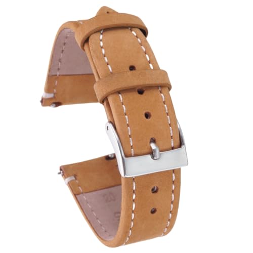 ROUREOX 20mm Universelles Echtes Lederuhrarmband Edelstahlverschluss Lederarmband Zubehör-Hellbraun + Weiß von ROUREOX