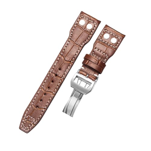 ROUREOX 21mm Ersatz-Echtes Leder-Armband Scharnierverschluss Weiches Lederuhrarmband Zubehör für IWC Pilot’s-Braun A+Silber von ROUREOX