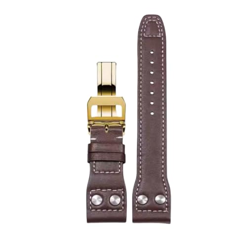 ROUREOX 21mm Ersatz-Echtes Leder-Armband Scharnierverschluss Weiches Lederuhrarmband Zubehör für IWC Pilot’s-Braun B+Gold von ROUREOX