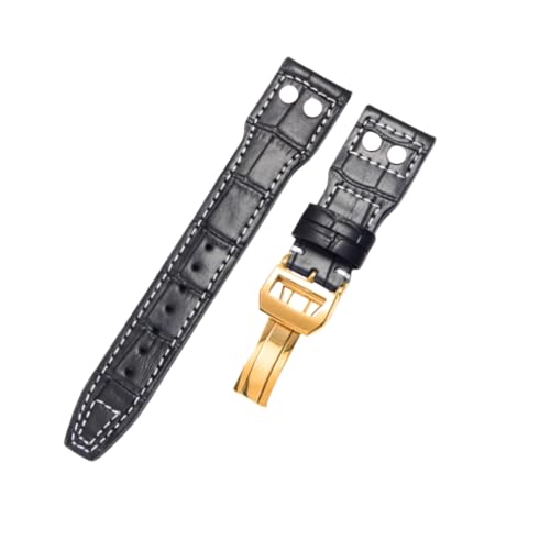 ROUREOX 21mm Ersatz-Echtes Leder-Armband Scharnierverschluss Weiches Lederuhrarmband Zubehör für IWC Pilot’s-Schwarz A+Gold von ROUREOX