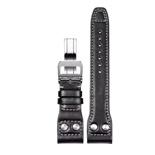 ROUREOX 21mm Ersatz-Echtes Leder-Armband Scharnierverschluss Weiches Lederuhrarmband Zubehör für IWC Pilot’s-Schwarz B+Silber von ROUREOX