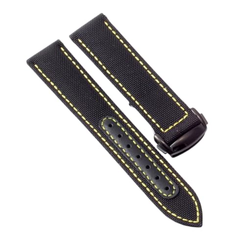 ROUREOX 21mm Gewebtes Nylonleder Uhrarmband Verstellbarer Ausziehverschluss Echter Leder Uhrarmband für OMEGA Seamaster Speedmaster De Ville series-Schwarz + Gelb von ROUREOX