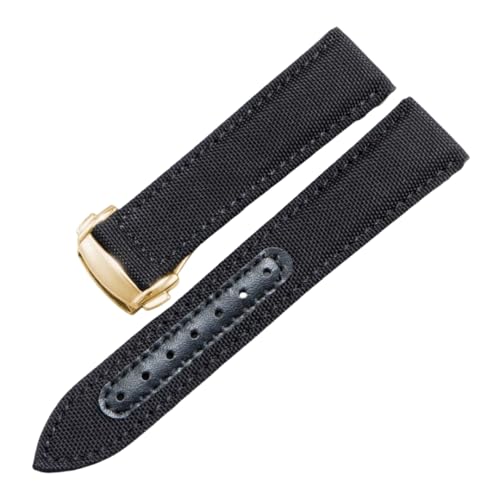 ROUREOX 21mm Gewebtes Nylonleder Uhrarmband Verstellbarer Ausziehverschluss Echter Leder Uhrarmband für OMEGA Seamaster Speedmaster De Ville series-Schwarz + Gold von ROUREOX