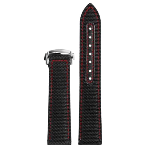 ROUREOX 21mm Gewebtes Nylonleder Uhrarmband Verstellbarer Ausziehverschluss Echter Leder Uhrarmband für OMEGA Seamaster Speedmaster De Ville series-Schwarz + Rot + Silber von ROUREOX