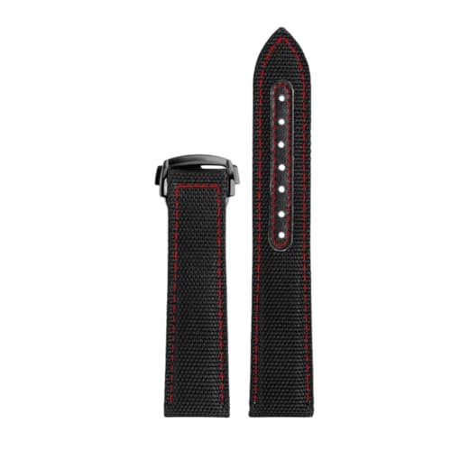 ROUREOX 21mm Gewebtes Nylonleder Uhrarmband Verstellbarer Ausziehverschluss Echter Leder Uhrarmband für OMEGA Seamaster Speedmaster De Ville series-Schwarz + Rot von ROUREOX