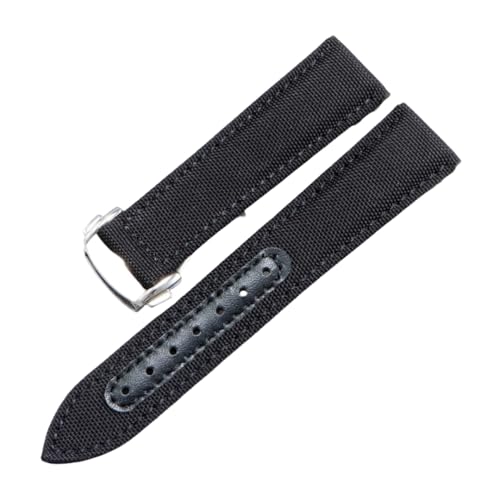 ROUREOX 21mm Gewebtes Nylonleder Uhrarmband Verstellbarer Ausziehverschluss Echter Leder Uhrarmband für OMEGA Seamaster Speedmaster De Ville series-Schwarz + Silber von ROUREOX