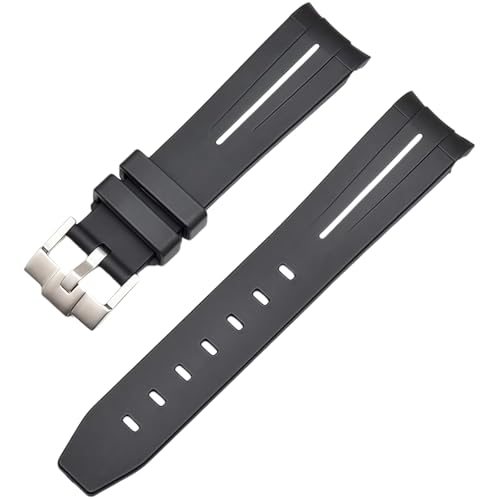 ROUREOX 21mm Gummi Uhrband Ersatzarmband Accessoire für Herren für Rolex Oyster-Schwarz + Weiß Linie + Silber Schnalle von ROUREOX