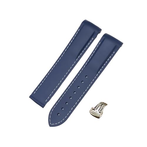 ROUREOX 21mm Kautschuk-Silikon-Uhrarmband Spitzverschluss-Armband für Omega AT150 300 De Ville Planet Ocean-Blaue + weiße Linie + Rose Gold Schnalle von ROUREOX