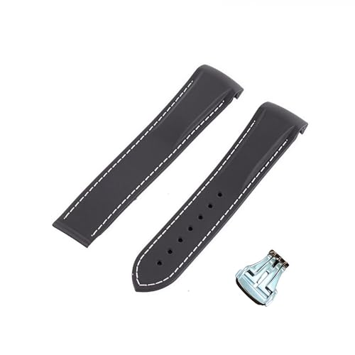 ROUREOX 21mm Kautschuk-Silikon-Uhrarmband Spitzverschluss-Armband für Omega AT150 300 De Ville Planet Ocean-Schwarz + Weiß Linie + Silber Schnalle von ROUREOX