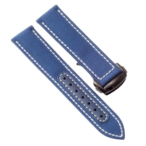 ROUREOX 22mm Gewebtes Nylonleder Uhrarmband Verstellbarer Ausziehverschluss Echter Leder Uhrarmband für OMEGA Seamaster Speedmaster De Ville series-Blau + Weiß + Schwarz von ROUREOX