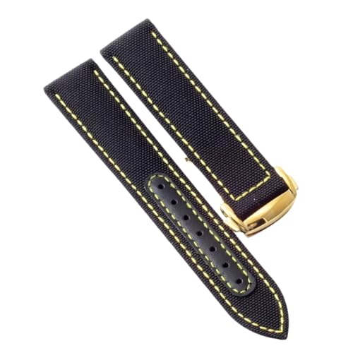 ROUREOX 22mm Gewebtes Nylonleder Uhrarmband Verstellbarer Ausziehverschluss Echter Leder Uhrarmband für OMEGA Seamaster Speedmaster De Ville series-Schwarz + Gelb + Gold von ROUREOX