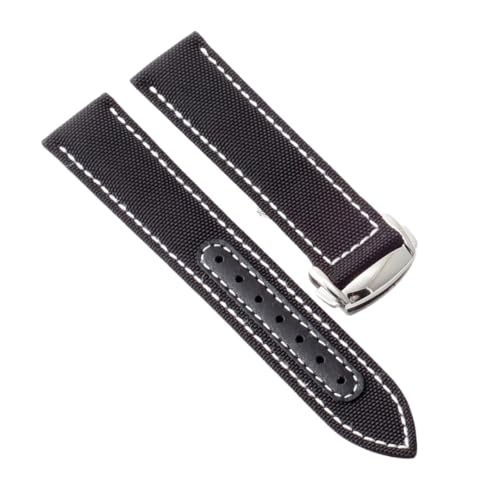 ROUREOX 22mm Gewebtes Nylonleder Uhrarmband Verstellbarer Ausziehverschluss Echter Leder Uhrarmband für OMEGA Seamaster Speedmaster De Ville series-Schwarz + Weiß + Silber von ROUREOX