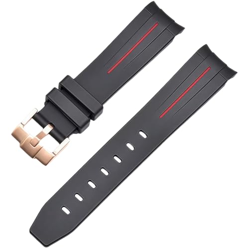 ROUREOX 22mm Gummi Uhrband Ersatzarmband Accessoire für Herren für Rolex Dayjust Sub GMT-Schwarz + Rote Linie + Rose Gold Schnalle von ROUREOX