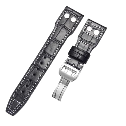 ROUREOX 22mm Handgefertigtes Echtes Leder-Armband Verstellbarer Metallverschluss Ersatz-Lederuhrarmband Reparaturzubehör für IWC Pilot’s-Schwarz A+Silber von ROUREOX