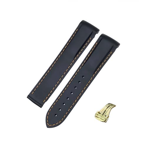 ROUREOX 22mm Kautschuk-Silikon-Uhrarmband Spitzverschluss-Armband für Omega AT150 300 De Ville Planet Ocean-Schwarz + Orange Linie + Goldschnalle von ROUREOX