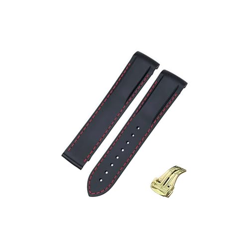ROUREOX 22mm Kautschuk-Silikon-Uhrarmband Spitzverschluss-Armband für Omega AT150 300 De Ville Planet Ocean-Schwarz + Rote Linie + Goldschnalle von ROUREOX