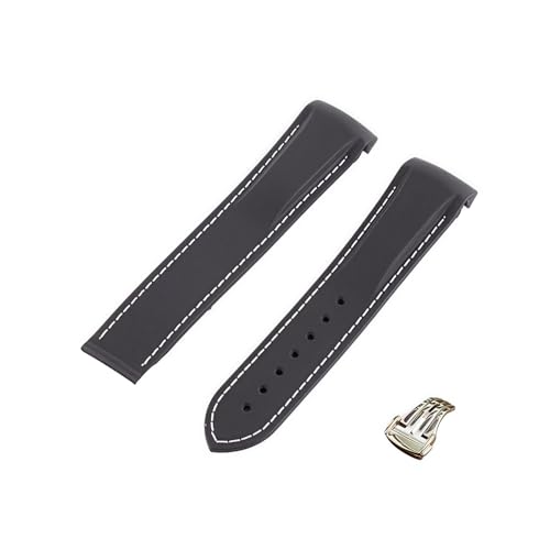 ROUREOX 22mm Kautschuk-Silikon-Uhrarmband Spitzverschluss-Armband für Omega AT150 300 De Ville Planet Ocean-Schwarz + Weiß Linie + Rose Gold Schnalle von ROUREOX