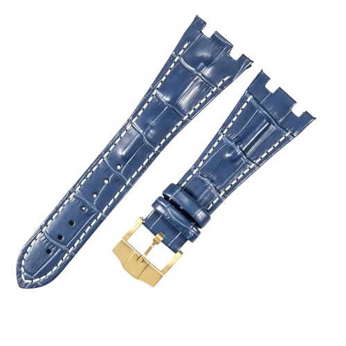 ROUREOX 28mm Echtleder-Uhrenband Edelstahl-Schloss Verstellbarer Ersatz-Uhrenarmband für AUDEMARS PIGUET Royal Oak Offshore-Blau + Weiß + Gold von ROUREOX
