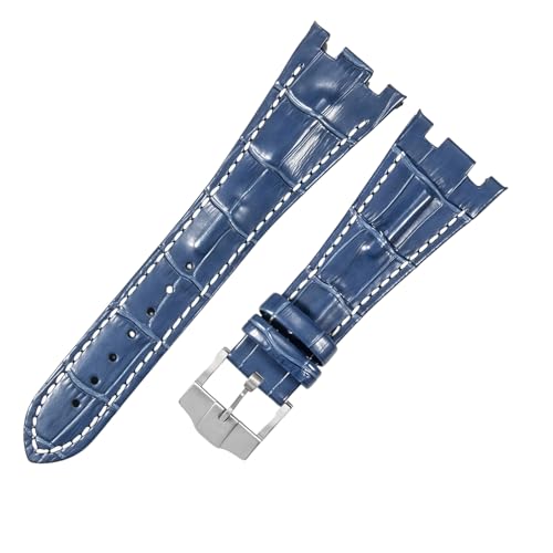 ROUREOX 28mm Echtleder-Uhrenband Edelstahl-Schloss Verstellbarer Ersatz-Uhrenarmband für AUDEMARS PIGUET Royal Oak Offshore-Blau + Weiß + Silber von ROUREOX