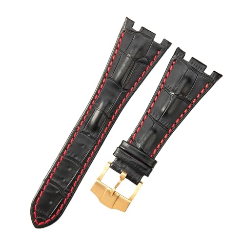 ROUREOX 28mm Echtleder-Uhrenband Edelstahl-Schloss Verstellbarer Ersatz-Uhrenarmband für AUDEMARS PIGUET Royal Oak Offshore-Schwarz + Rot + Gold von ROUREOX