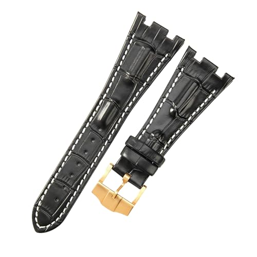 ROUREOX 28mm Echtleder-Uhrenband Edelstahl-Schloss Verstellbarer Ersatz-Uhrenarmband für AUDEMARS PIGUET Royal Oak Offshore-Schwarz + Weiß + Gold von ROUREOX