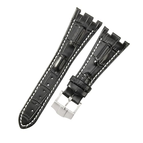 ROUREOX 28mm Echtleder-Uhrenband Edelstahl-Schloss Verstellbarer Ersatz-Uhrenarmband für AUDEMARS PIGUET Royal Oak Offshore-Schwarz + Weiß + Silber von ROUREOX