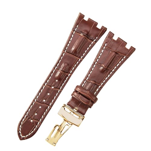 ROUREOX 28mm Echtleder-Uhrenband Edelstahl-Schmetterlingsschloss Verstellbarer Ersatz-Uhrenarmband für AUDEMARS PIGUET Royal Oak Offshore-Braun + Weiß + Gold von ROUREOX