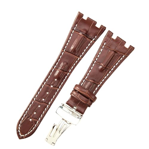 ROUREOX 28mm Echtleder-Uhrenband Edelstahl-Schmetterlingsschloss Verstellbarer Ersatz-Uhrenarmband für AUDEMARS PIGUET Royal Oak Offshore-Braun + Weiß + Silber von ROUREOX