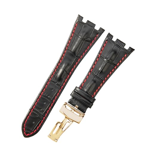 ROUREOX 28mm Echtleder-Uhrenband Edelstahl-Schmetterlingsschloss Verstellbarer Ersatz-Uhrenarmband für AUDEMARS PIGUET Royal Oak Offshore-Schwarz + Rot + Gold von ROUREOX