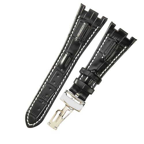 ROUREOX 28mm Echtleder-Uhrenband Edelstahl-Schmetterlingsschloss Verstellbarer Ersatz-Uhrenarmband für AUDEMARS PIGUET Royal Oak Offshore-Schwarz + Weiß + Silber von ROUREOX