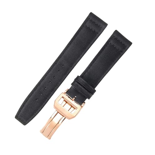 ROUREOX Canvas-Uhrenarmband Scharnierverschluss Widerstandsfähiges Futterleder Ersatzuhrenarmband 20mm für IWC Portofino Pilot's Portugieser-Schwarz + Rosa von ROUREOX