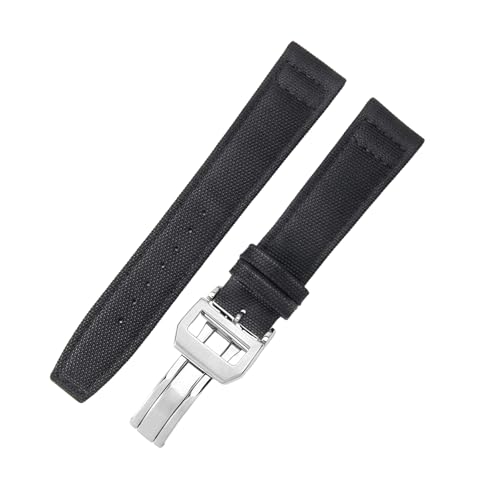 ROUREOX Canvas-Uhrenarmband Scharnierverschluss Widerstandsfähiges Futterleder Ersatzuhrenarmband 20mm für IWC Portofino Pilot's Portugieser-Schwarz + Silber von ROUREOX