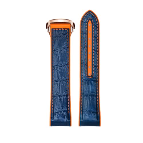 ROUREOX Echtes Leder Herren Kautschuk Uhrarmband Verstellbarer Metallischer Verschluss Weiches Leder Armband für OMEGA Seamaster and Speedmaster Planet Ocean-Blau Orange + Roségold 22mm von ROUREOX