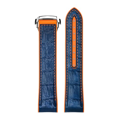 ROUREOX Echtes Leder Herren Kautschuk Uhrarmband Verstellbarer Metallischer Verschluss Weiches Leder Armband für OMEGA Seamaster and Speedmaster Planet Ocean-Blau Orange + Silber 22mm von ROUREOX