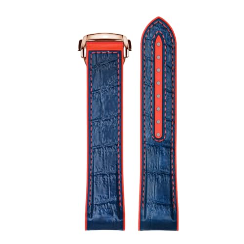 ROUREOX Echtes Leder Herren Kautschuk Uhrarmband Verstellbarer Metallischer Verschluss Weiches Leder Armband für OMEGA Seamaster and Speedmaster Planet Ocean-Blau Rot + Roségold 20mm von ROUREOX