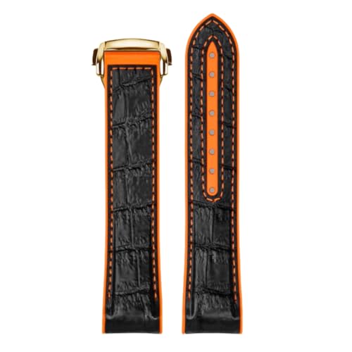 ROUREOX Echtes Leder Herren Kautschuk Uhrarmband Verstellbarer Metallischer Verschluss Weiches Leder Armband für OMEGA Seamaster and Speedmaster Planet Ocean-Schwarz Orange + Gold 20mm von ROUREOX