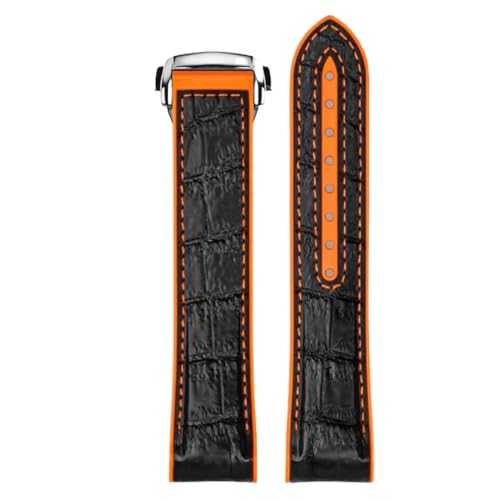 ROUREOX Echtes Leder Herren Kautschuk Uhrarmband Verstellbarer Metallischer Verschluss Weiches Leder Armband für OMEGA Seamaster and Speedmaster Planet Ocean-Schwarz Orange + Silber 22mm von ROUREOX