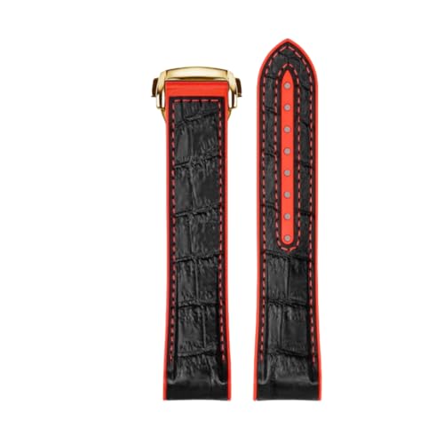 ROUREOX Echtes Leder Herren Kautschuk Uhrarmband Verstellbarer Metallischer Verschluss Weiches Leder Armband für OMEGA Seamaster and Speedmaster Planet Ocean-Schwarz Rot + Gold 20mm von ROUREOX