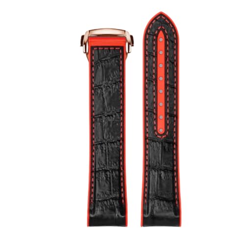 ROUREOX Echtes Leder Herren Kautschuk Uhrarmband Verstellbarer Metallischer Verschluss Weiches Leder Armband für OMEGA Seamaster and Speedmaster Planet Ocean-Schwarz Rot + Roségold 22mm von ROUREOX
