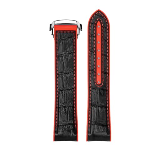 ROUREOX Echtes Leder Herren Kautschuk Uhrarmband Verstellbarer Metallischer Verschluss Weiches Leder Armband für OMEGA Seamaster and Speedmaster Planet Ocean-Schwarz Rot + Silber 22mm von ROUREOX