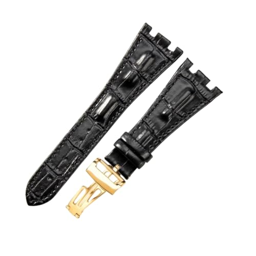 ROUREOX Echtes Leder Silikon Uhrarmband Sicherheitsverschluss Weiches Leder Armband Zubehör für AUDEMARS PIGUET Royal Oak Offshore-Schwarz + Gold von ROUREOX