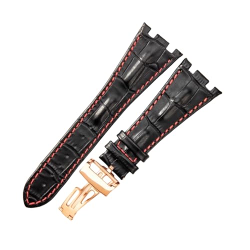 ROUREOX Echtes Leder Silikon Uhrarmband Sicherheitsverschluss Weiches Leder Armband Zubehör für AUDEMARS PIGUET Royal Oak Offshore-Schwarz + Rot + Roségold von ROUREOX