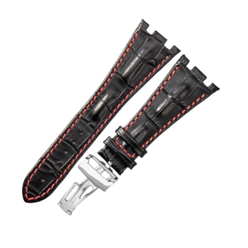 ROUREOX Echtes Leder Silikon Uhrarmband Sicherheitsverschluss Weiches Leder Armband Zubehör für AUDEMARS PIGUET Royal Oak Offshore-Schwarz + Rot + Silber von ROUREOX