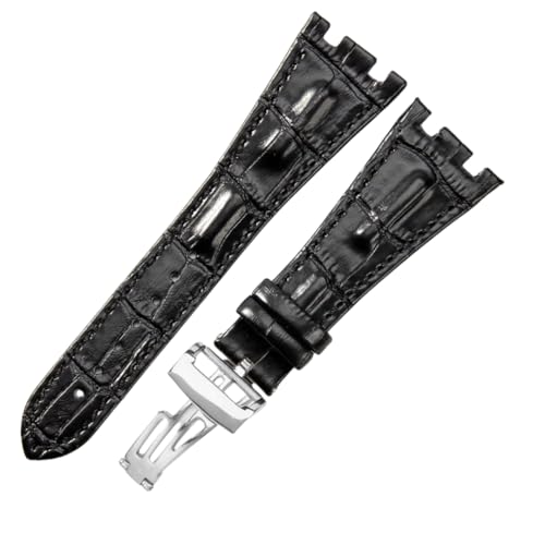 ROUREOX Echtes Leder Silikon Uhrarmband Sicherheitsverschluss Weiches Leder Armband Zubehör für AUDEMARS PIGUET Royal Oak Offshore-Schwarz + Silber von ROUREOX