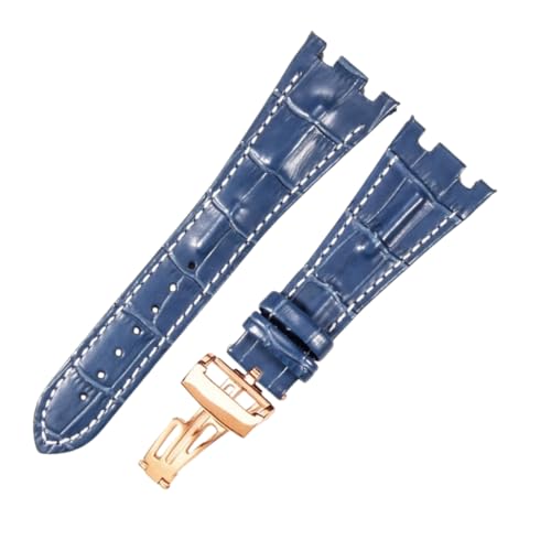 ROUREOX Echtleder Ersatz-Uhrenarmbänder Edelstahl Uhrenbuckle Verstellbare Uhrenarmbänder Verschluss-Zubehör für AUDEMARS PIGUET Royal Oak Offshore-Blau + Weiß + Roségold von ROUREOX