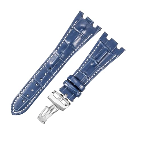 ROUREOX Echtleder Ersatz-Uhrenarmbänder Edelstahl Uhrenbuckle Verstellbare Uhrenarmbänder Verschluss-Zubehör für AUDEMARS PIGUET Royal Oak Offshore-Blau + Weiß + Silber von ROUREOX
