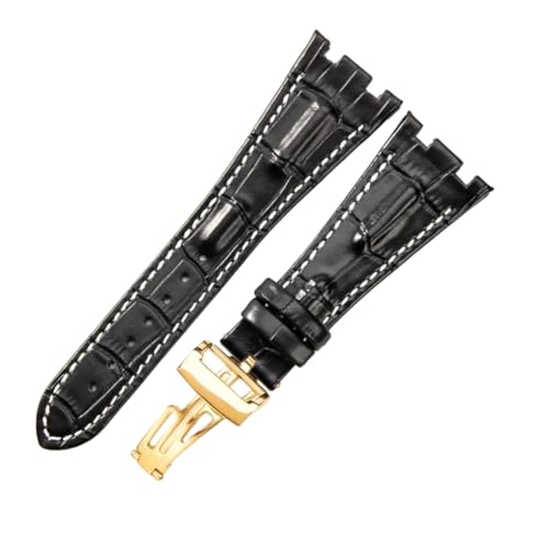 ROUREOX Echtleder Ersatz-Uhrenarmbänder Edelstahl Uhrenbuckle Verstellbare Uhrenarmbänder Verschluss-Zubehör für AUDEMARS PIGUET Royal Oak Offshore-Schwarz + Weiß + Gold von ROUREOX