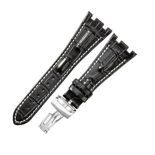 ROUREOX Echtleder Ersatz-Uhrenarmbänder Edelstahl Uhrenbuckle Verstellbare Uhrenarmbänder Verschluss-Zubehör für AUDEMARS PIGUET Royal Oak Offshore-Schwarz + Weiß + Silber von ROUREOX