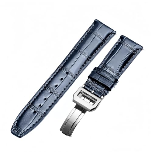 ROUREOX Echtleder Ersatz-Uhrenarmbänder Faltbuckle Handgefertigtes Leder Uhrenarmbänder Faltverschluss für IWC Portofino Pilot's Series-Blau + Silber B 22mm von ROUREOX